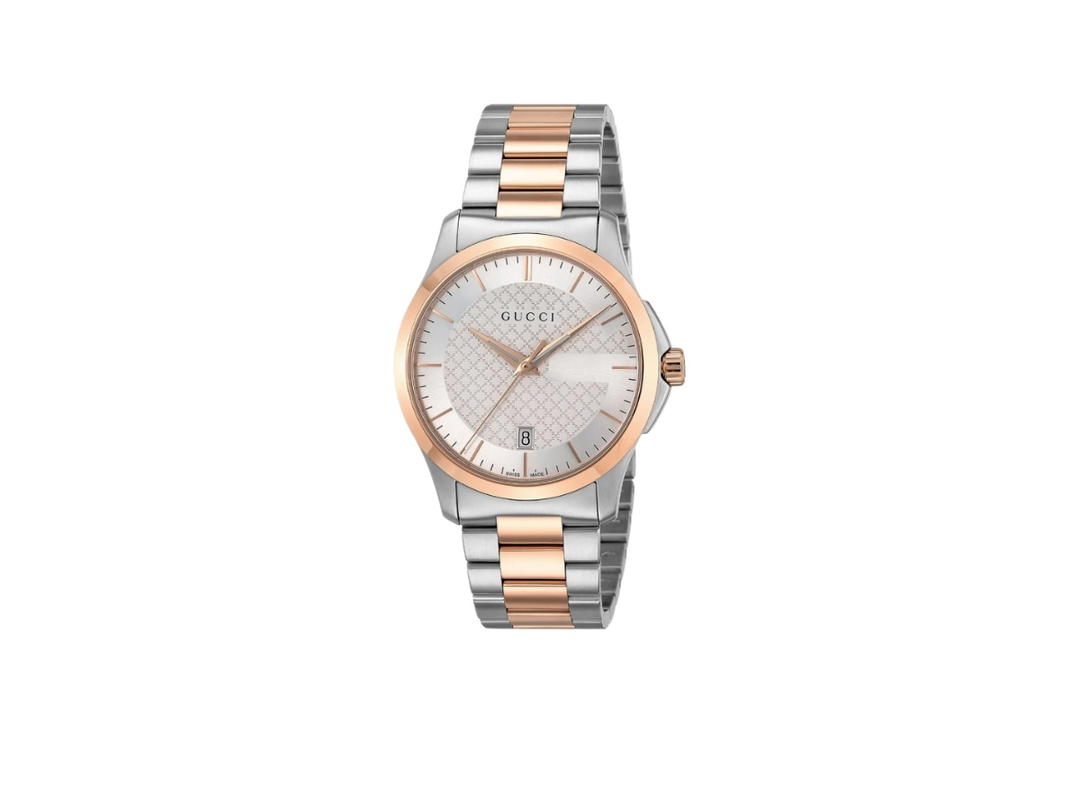 Gucci Gucci G Timeless Silver Dial Two Tone Steel Strap Watch Rose Gold