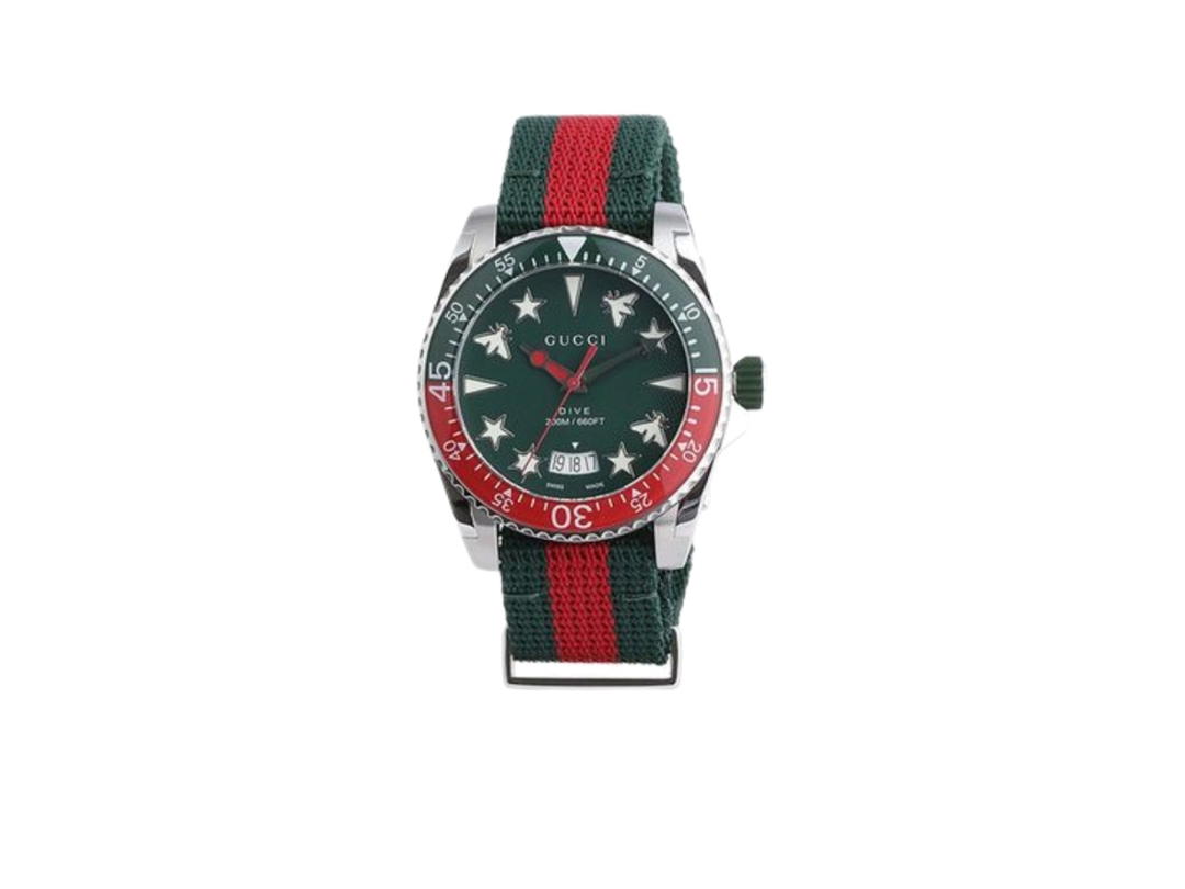 Gucci Gucci Dive Quartz Green Dial Two Tone Nato Strap Watch 40MM Green Red