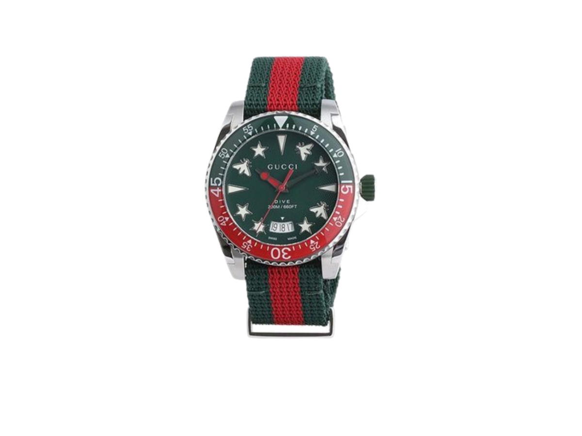 Gucci Gucci Dive Quartz Green Dial Two Tone Nato Strap Watch 40MM Green Red